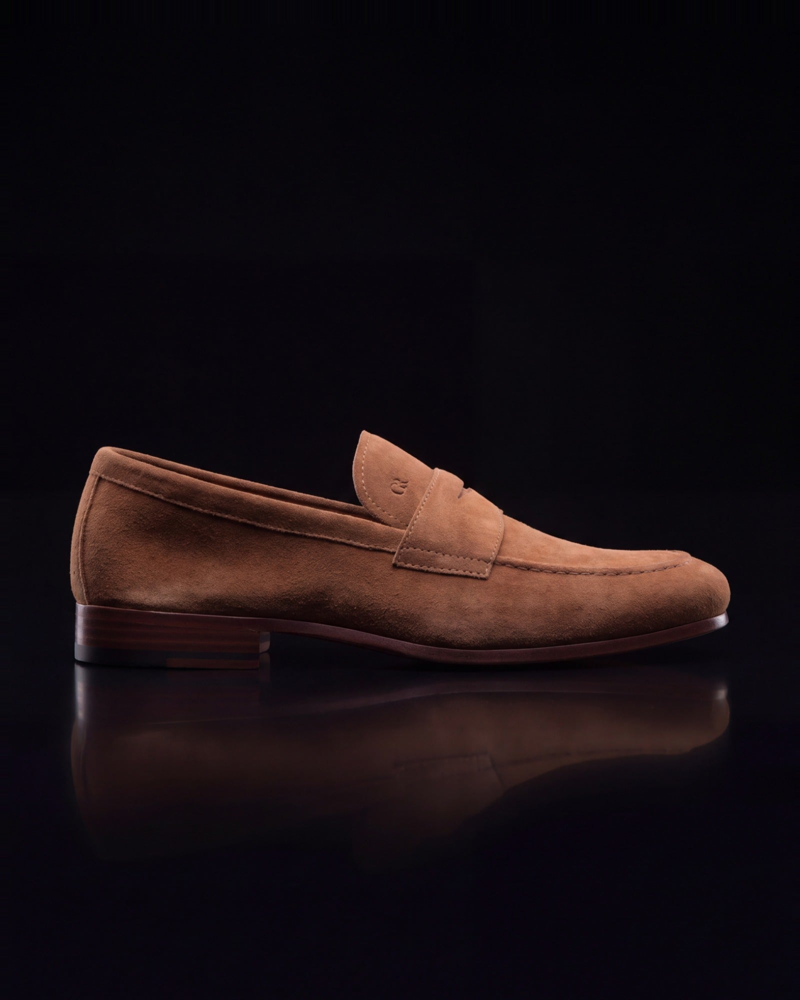 Cartwright, penny loafer in rust suede, side view