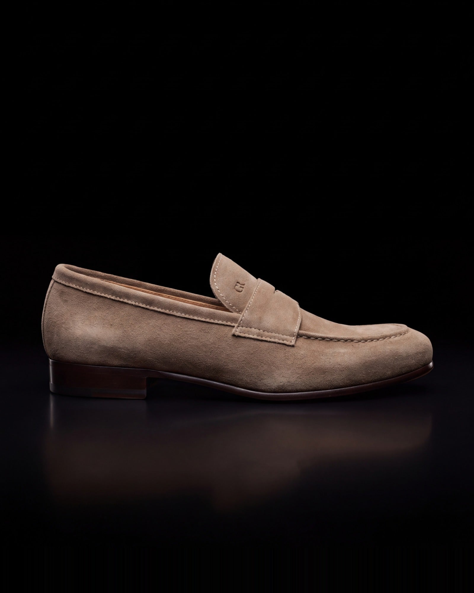 Cartwright, penny loafer in taupe suede, side view