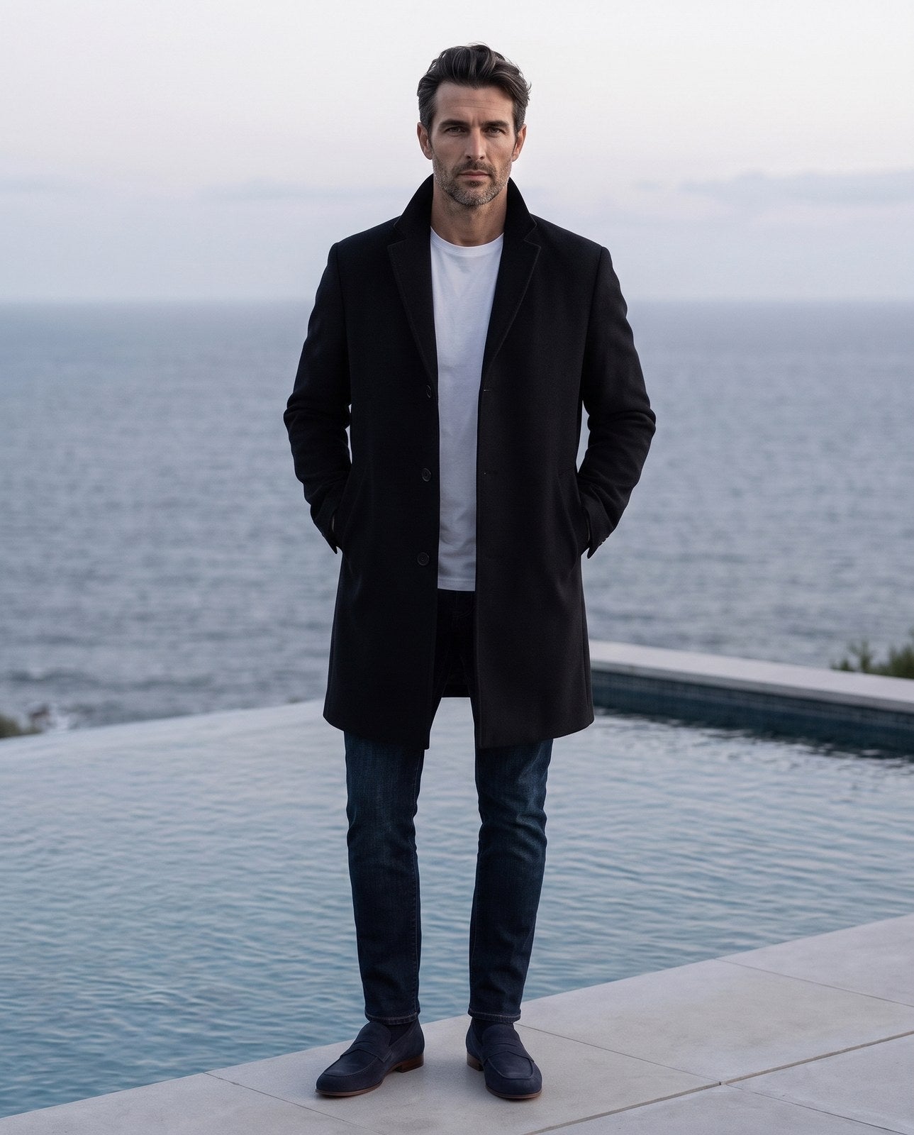 The Cartwright navy suede loafer on a concrete pier