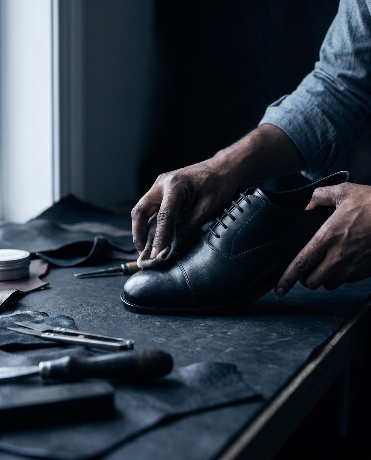 An artisan hand-burnishing a black cap-toe oxford