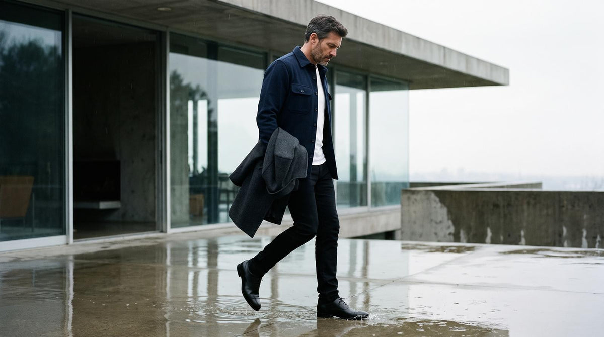 Walking a wet concrete terrace in the Adams cap-toe oxford