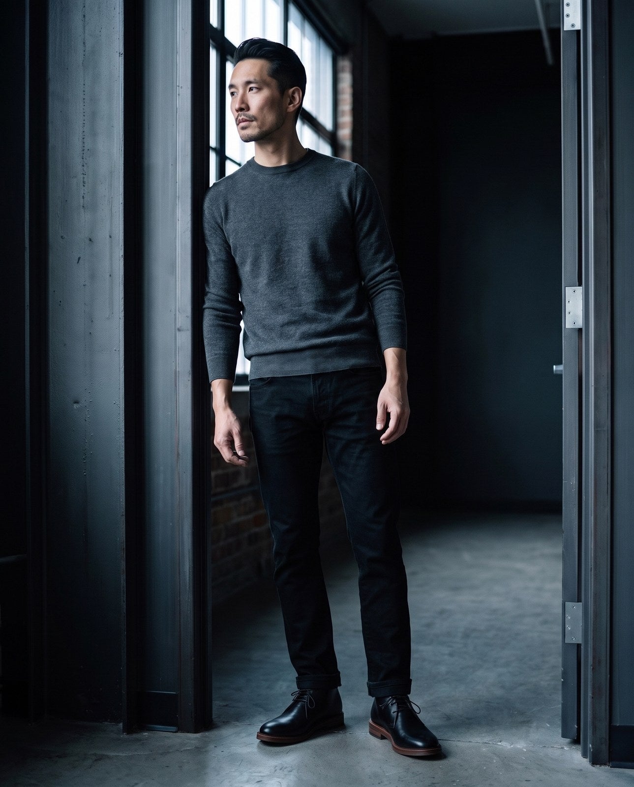 A man in a gray cashmere crewneck and black denim in a loft doorway, wearing the Austin