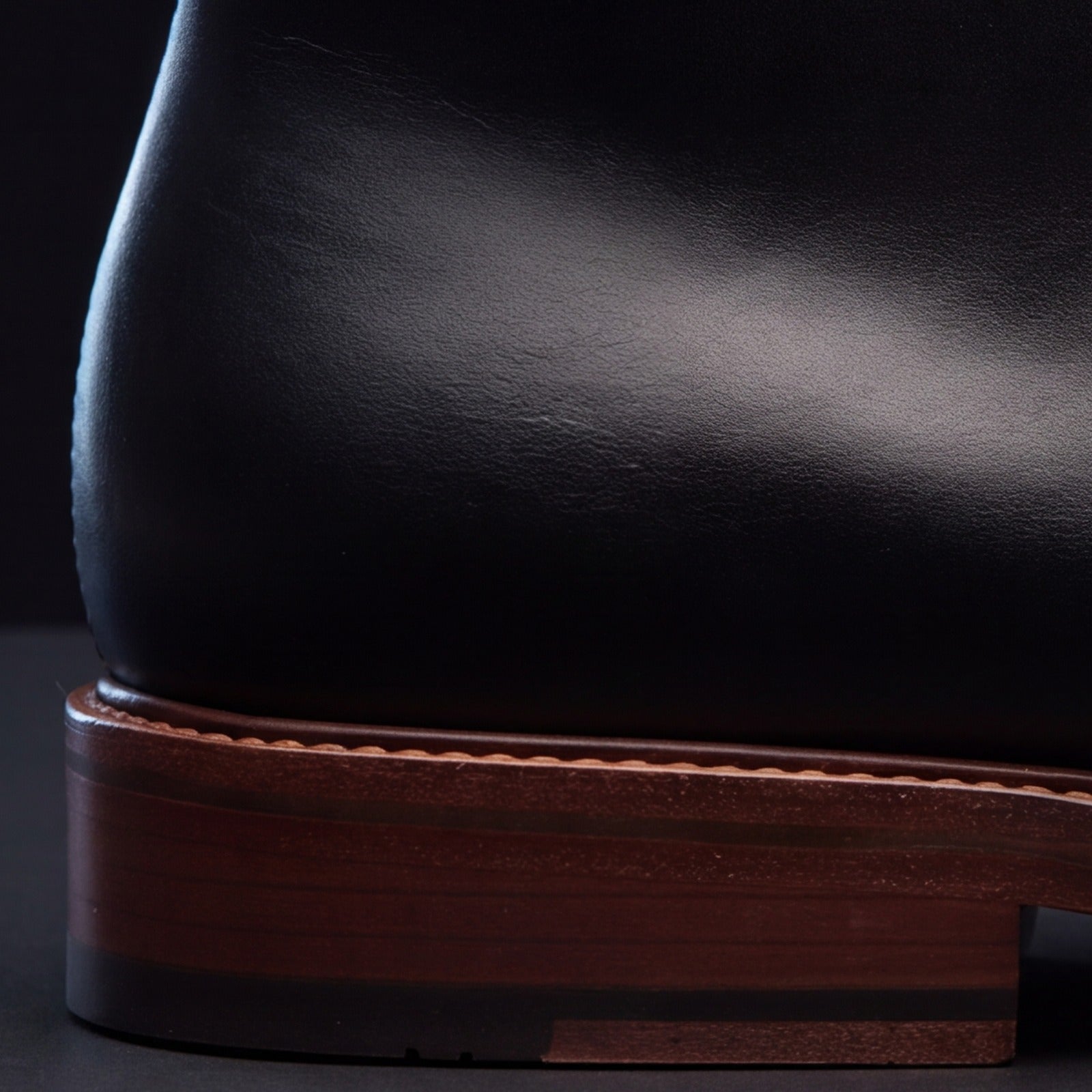 The Austin in black: heel and stacked leather sole, close-up