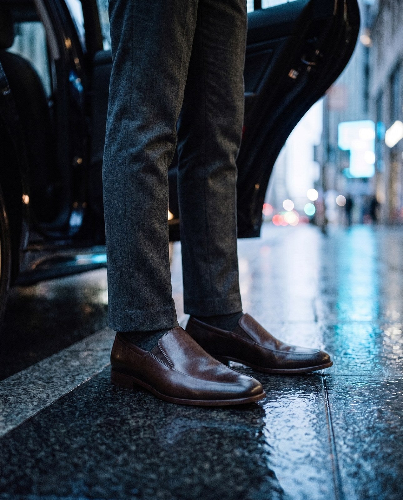 The Albany loafer with cuffed gray denim